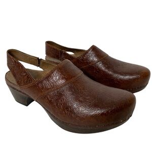 Dansko Floral embossed Brown Leather Slip on Strap Clogs (10)